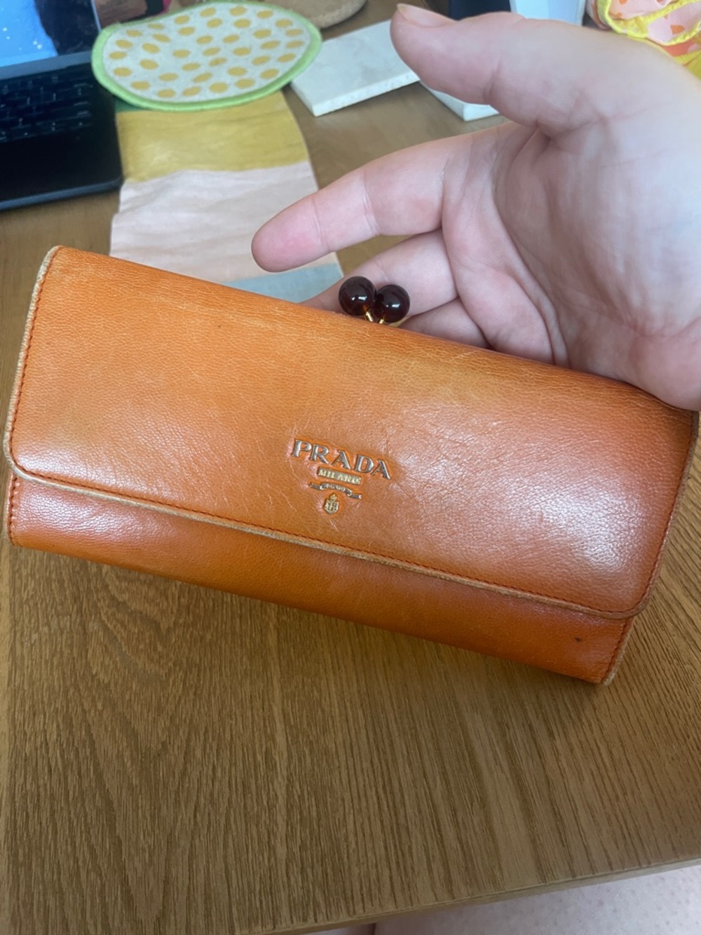 Prada Orange Leather Continental Wallet Gold Logo Zip Clutch - Picture 11 of 14